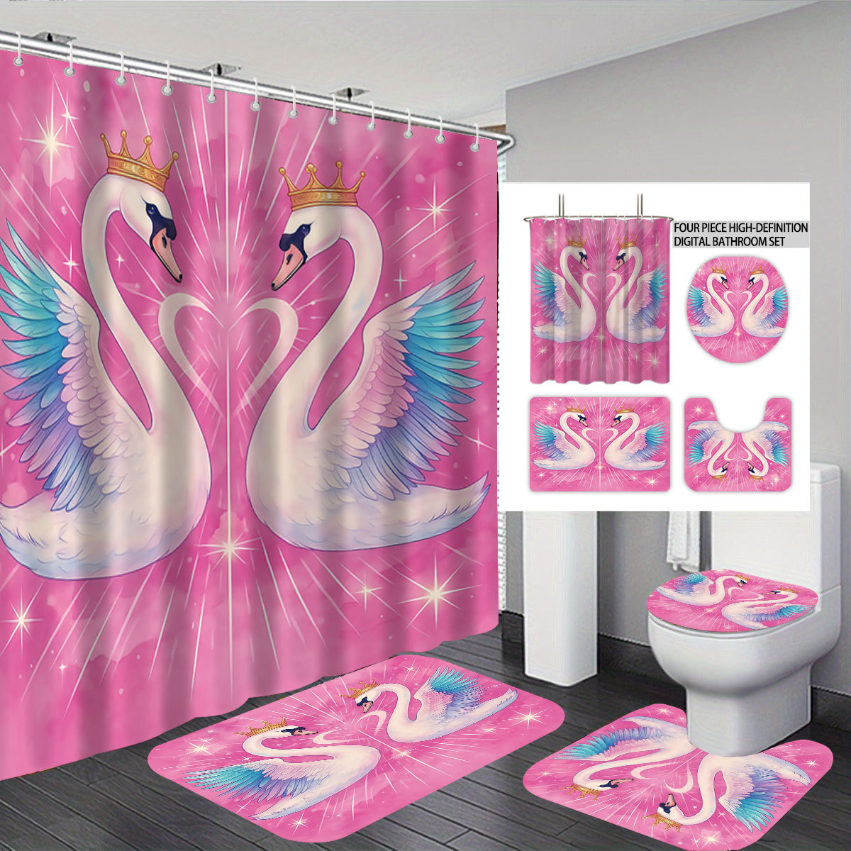 temu cortina de baño de lona impermeable cuatro piezas floral impresión digital poliéster cortina de baño una cortina de partición de cabello