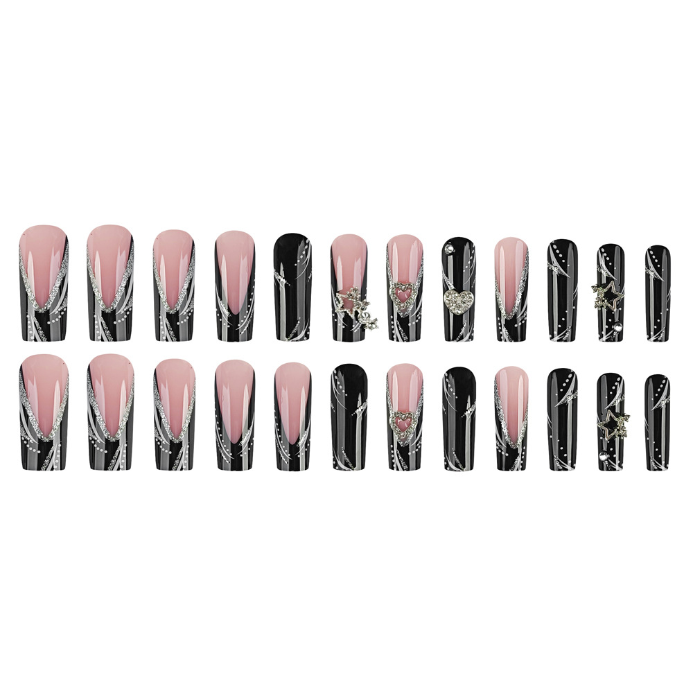 Diamante negro rosa plateado corazón francés manicure gótico lujoso ligero desgaste de uñas 24 piezas de venta caliente transfronteriza parche de uñas