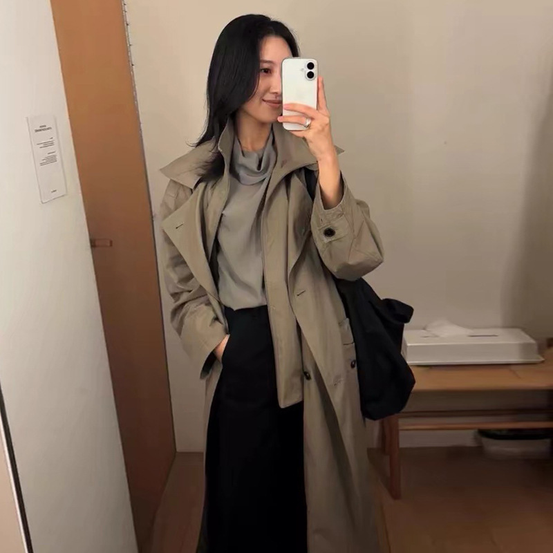 Monoha Fake Two-Piece Stand-Up Collar Windbreaker Women's Autum New British Style Design Loose Mid-Length Layered Outwear Monoha Fake Two-Piece Stand-Up Collar Windbreaker Women's Autum New British Style Design Loose Mid-Length Layered Outwear