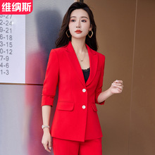 2022秋冬新款时尚长袖西服女式职业装红色小西装马甲套装三件套女