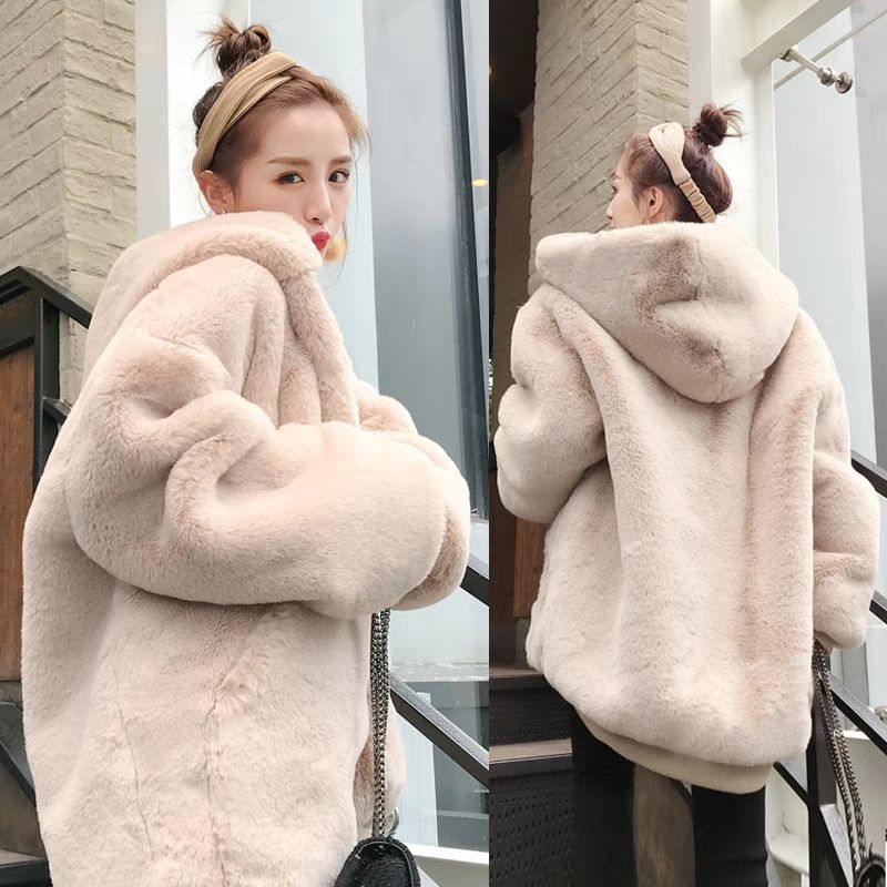 Stuffed Fur Outwear Women's Autumn and Winter Loose Cocoon-Shaped Thickeneded Rabbit Fur Hooded Fur Outwear 2025