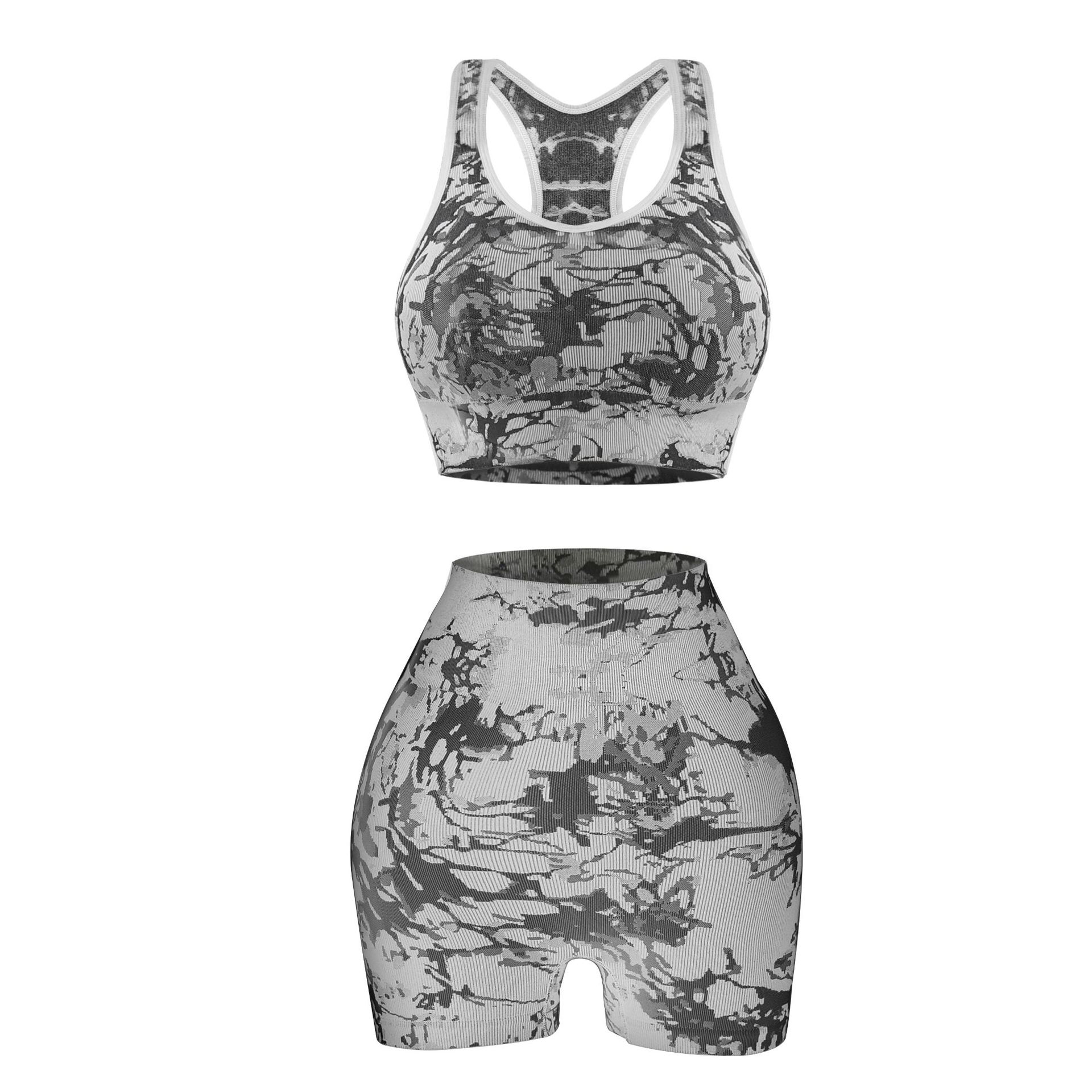 Traje deportivo de yoga jacquard de punto sin costuras transfronterizo, pantalones cortos deportivos de cadera de melocotón de secado rápido con almohadilla para el pecho, chaleco de pecho