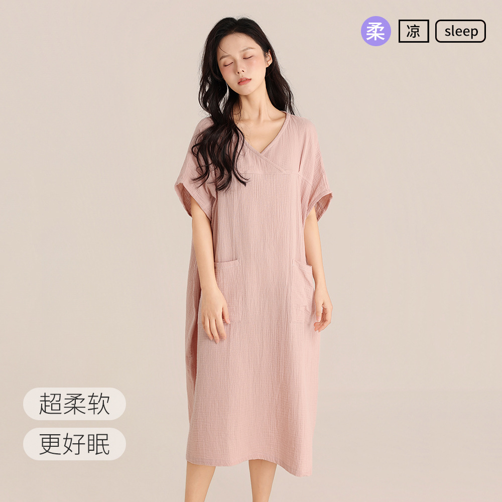 夏款无印睡裙双层绉布棉套头女士长款连衣裙简约法式家居服可外穿