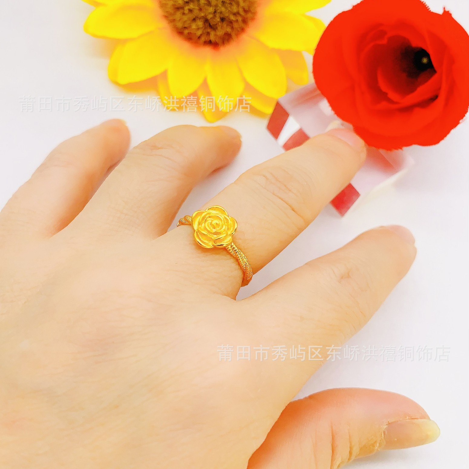Live supply ancient rose flower opening ring women's copper gold-plated national tide flower ring ring ring wholesale