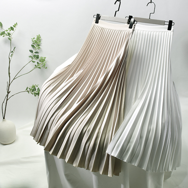 Design sense white pleated skirt spring, autumn and winter women's mid-length high waist shows thin large size A-line skirt long drape