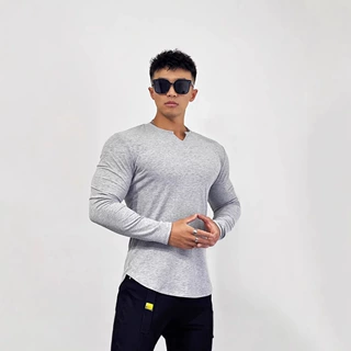 男士T恤衫秋季健身半紧身长袖训练弹力跑步休闲运动纯色V领体恤衫