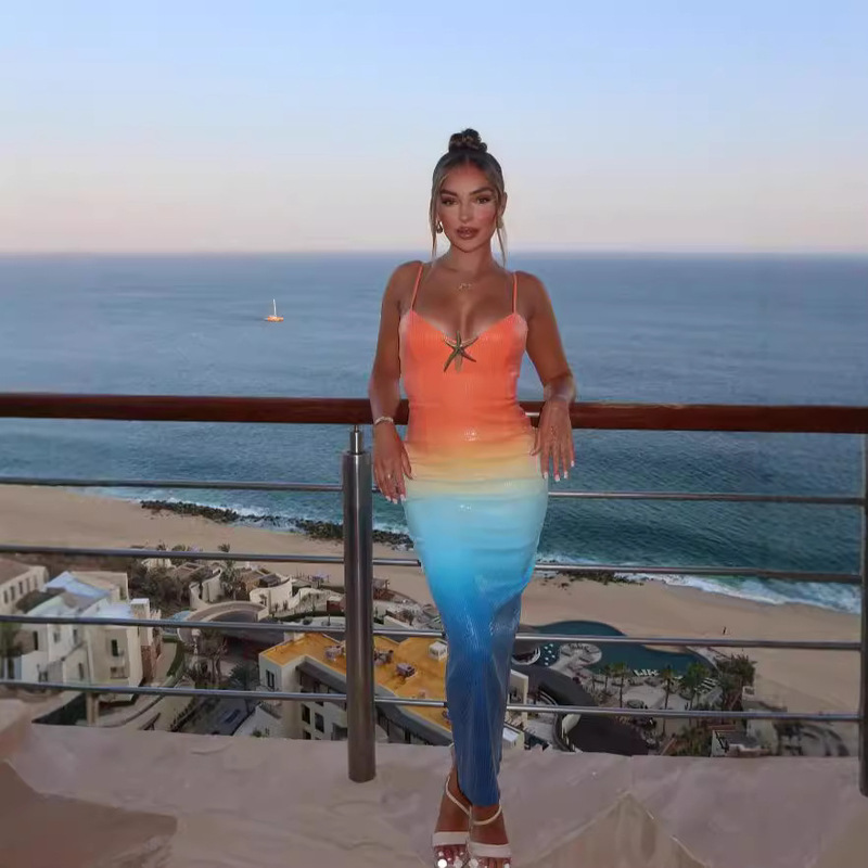 European and American AliExpress Summer Beach Women's Fashion Sexy Figure Strapless High Waist Gradient Evening Dress Women