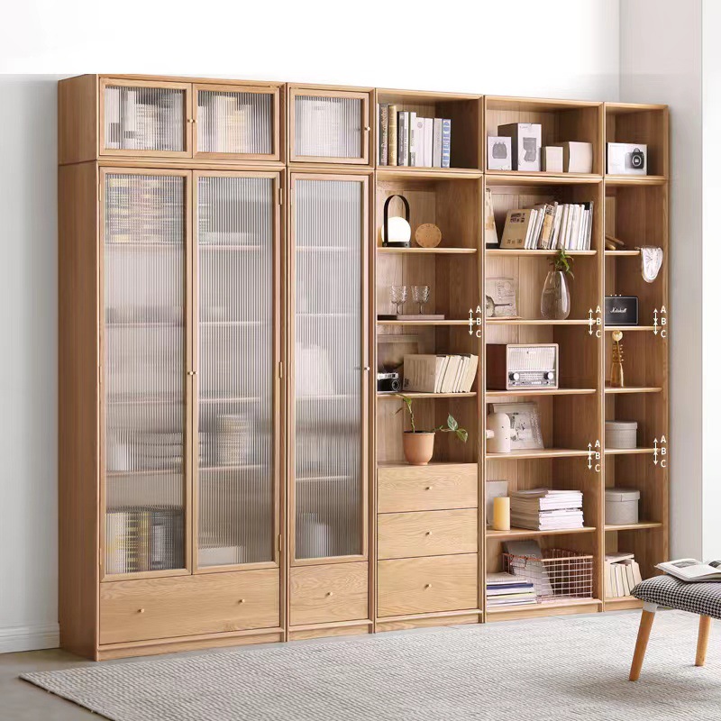 All Solid Wood Straight Hair Combination Bookcase Simple Modern Oak Background Wall Bookcase Nordic Study Wall Floor Cabinet
