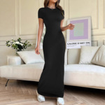 2025新款跨境Temu亚马逊欧美女装2025春夏外贸纯色气质修身短袖连