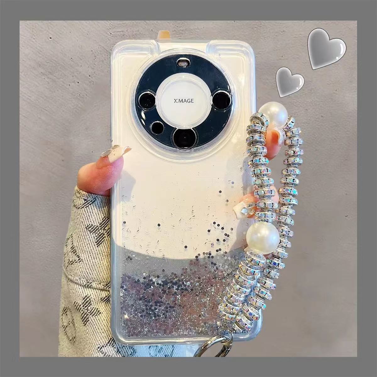 Sencillo y elegante lentejuelas plateadas movedizas para Huawei Mate70Pro Funda para teléfono móvil 60 Pearl Love P70 Pulsera