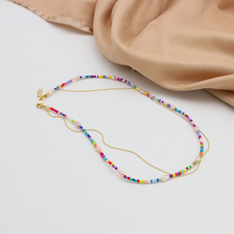 Collar de perlas de agua dulce natural colorido arco iris polivalente dopamina dulce nicho clavícula chapado 18k oro real mujer image 2