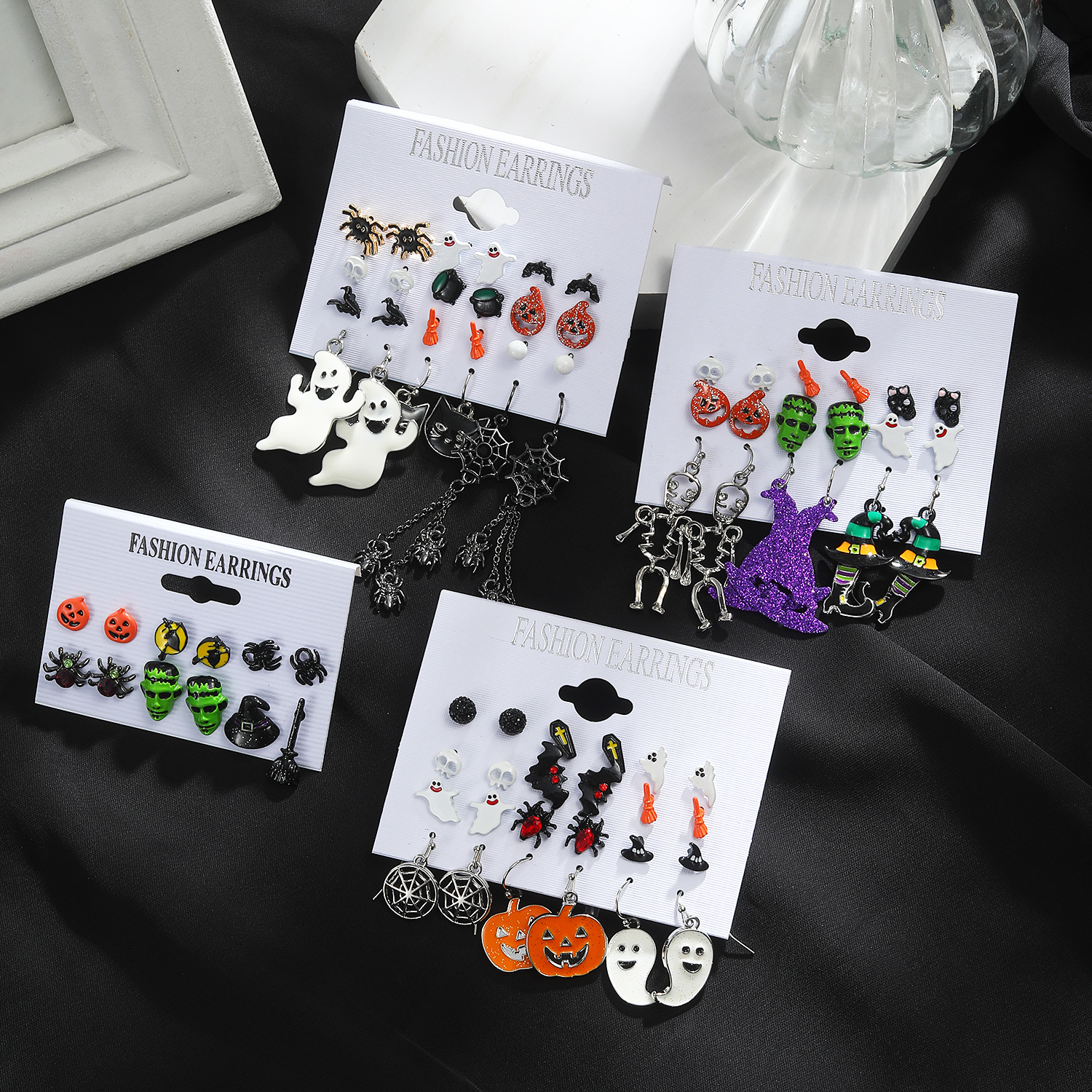 1 Set Quantity 1 Set Halloween Cute Funny Pumpkin Spider Bat Alloy Drop Earrings Ear Studs