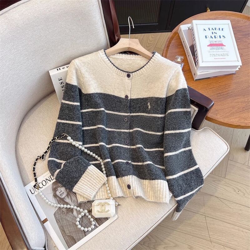 レトロスタイルのセーター刺繍入り新しいセーターカーディガンラウンドネックストライプジャケットストライプルーズ韓国スタイル多用途トップ|undefined
