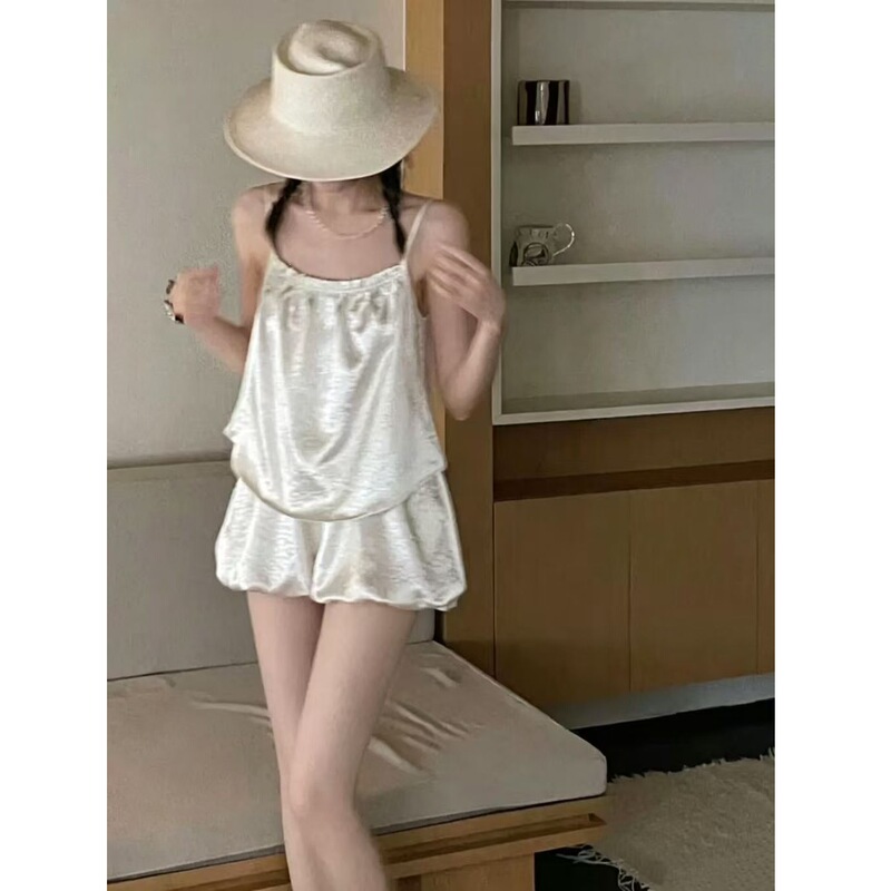 [with Chest Pads] French-Style High-End Pearl White Imitation Acetate Pajamas for Women, Summer Camisole Shorts Loungewear Set