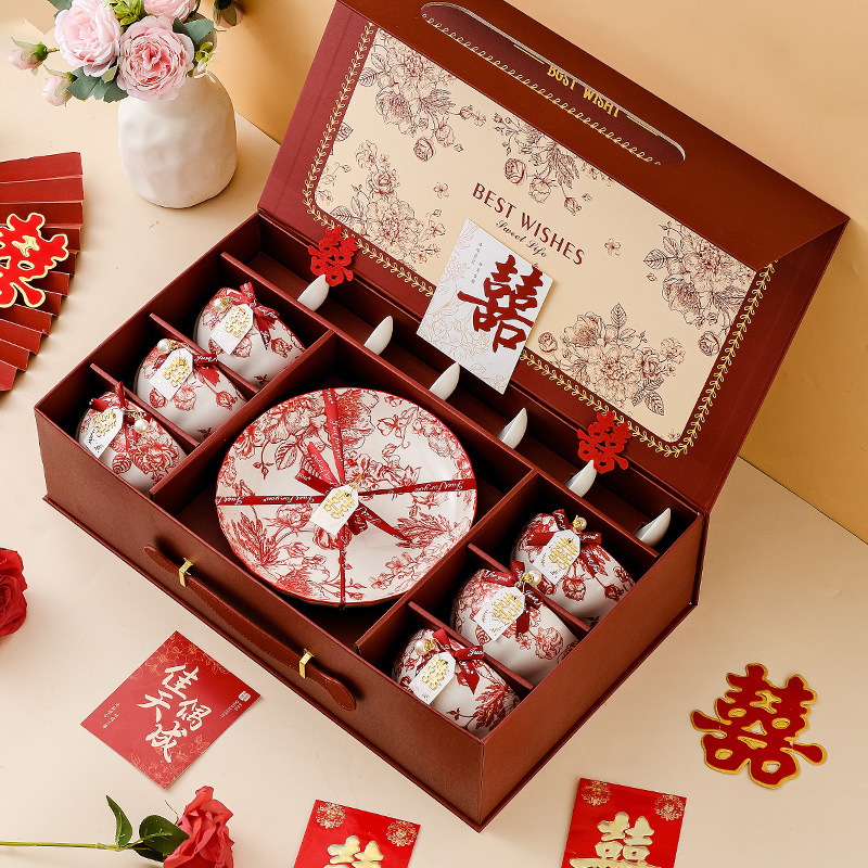 Rose Bowl, Plate, and Chopstick Set, Wedding Souvenir, Housewarming Gift, Wedding Ceramic Bowl, Tableware Gift Box, Practical Small Gift