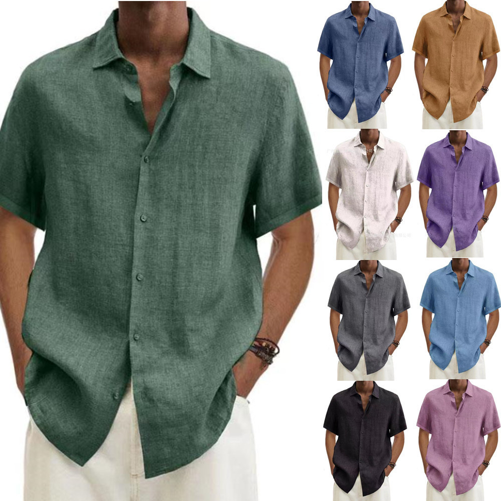 Camisa de Hombre Moderna de Verano 2025, Plataforma Independiente Wish, Éxito de Ventas en Amazon, Cuello en V, Botones, Algodón y Lino, Color Sólido