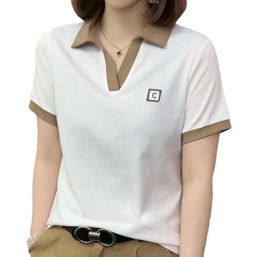 Cross-border summer simple versatile stylish fashionable round neck solid color new polo collar short sleeve women's top POLO