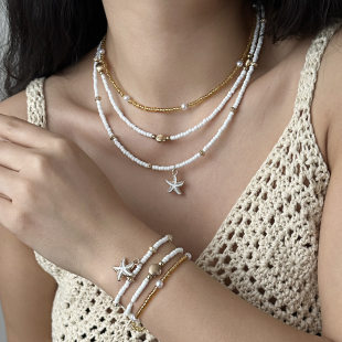 European and American cross-border new beach rice beads and shell hand ornaments summer versatile starfish shell rice beads necklace anklet set