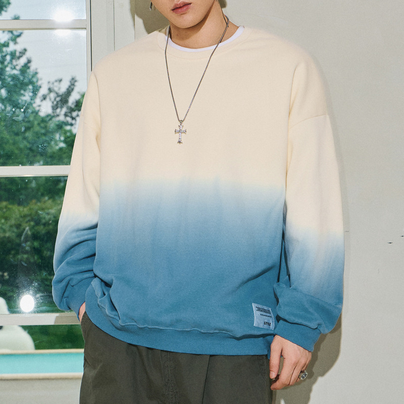 Kunhai Pengyun Trendy Gradient Burgundy Sweatshirt Men's Autum New Heavy Long-Sleeved Pullover Loose Men's Top