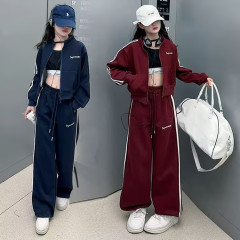 女の子韓国風スポーツスーツ、大きい子供用春秋新作スタイルレターカーディガンジャケットストライプズボン2点セット