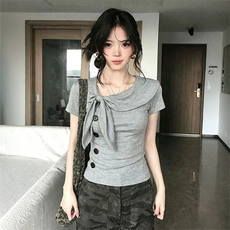 Gray Ruffled Collar Tie-Front Asymmetrical Short-Sleeve Top for Women, Summer Niche Design, Slim Fit, Trendy Straight-Shoulder T-Shirt