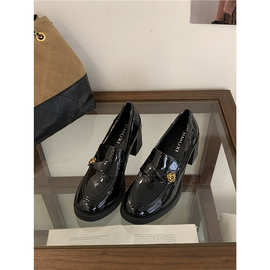 2025秋季新款韩版粗高跟鞋女鞋乐福鞋厚底小皮鞋