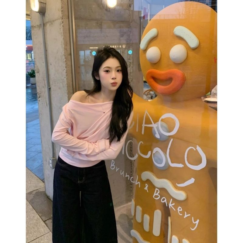 韩系斜露肩粉色长袖t恤女早秋温柔风收腰修身显瘦设计感小众上衣|undefined