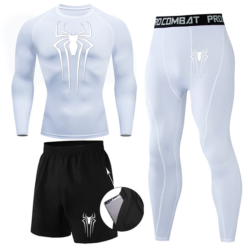 Marca hombres Spider-Man impreso de tres piezas de compresión de secado rápido de manga larga medias corriendo traje deportivo traje de entrenamiento