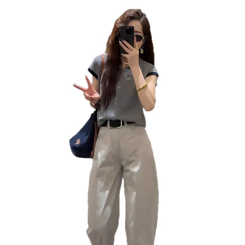 夏服セット2025新型爆金洋気ニット半袖tシャツ九分カジュアルパンツ気質セット|undefined