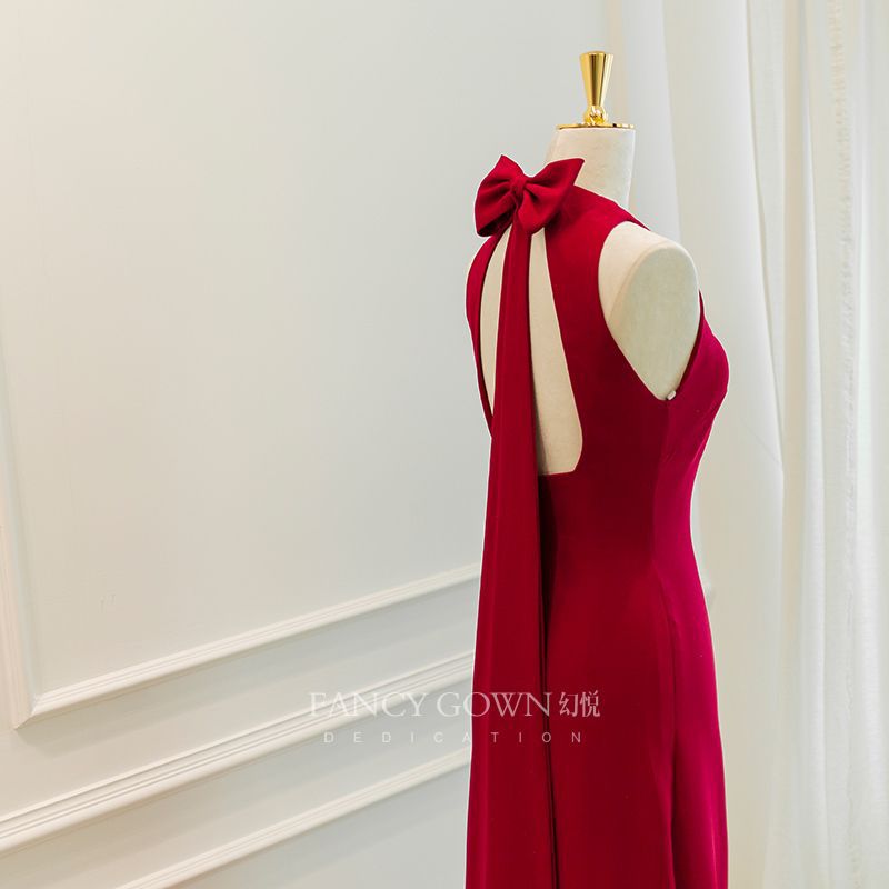 新款时尚女长款新娘结婚敬酒礼服简约缎面轻婚纱酒红晚礼服