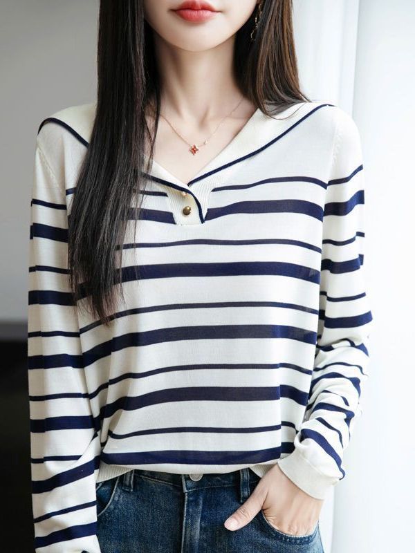 Camiseta de punto a rayas de cuello marino suéter coreano suéter de reducción de edad camisa de base suelta con solapa de luces de manga larga camisa de mujer image 3
