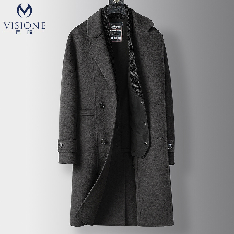 고급 100 순수 울 코트 남성용 가을과 겨울 긴 양면 트위드 분리 가능한 거위 다운 라이너 트위드 코트