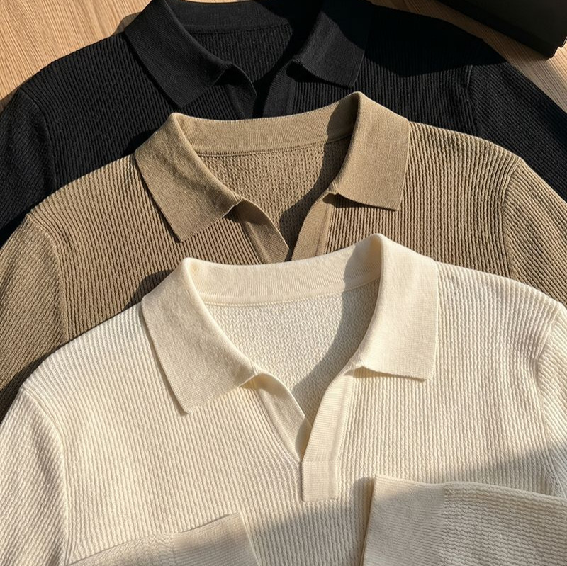 Autumn and winter men's sweater, American style, seagull collar, slim fit, thick knit, old money style, turn-down collar, light luxury, high-end feel, long sleeve Autumn and winter men's sweater, American style, seagull collar, slim fit, thick knit, old money style, turn-down collar, light luxury, high-end feel, long sleeve