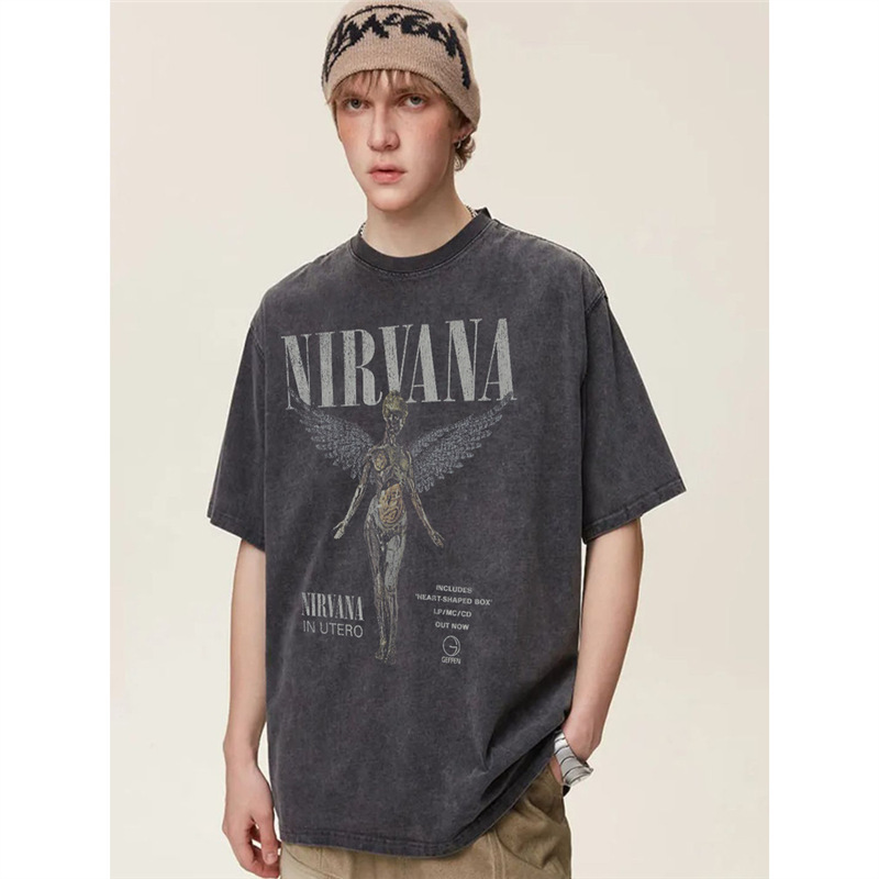 Nirvana Band American Retro Washed Vintage Short-Sleeve T-Shirt for Men and Women, Summer Loose High Street Fashion Brand Ut