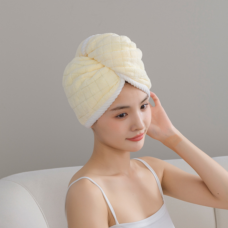 Retail Store Exclusive Grid Coral Fleece Hair Drying Cap for Women – Ultra-Fine Fiber, Absorbent, Quick-Drying, Head Wrap & Hair Towel—Wholesale Available