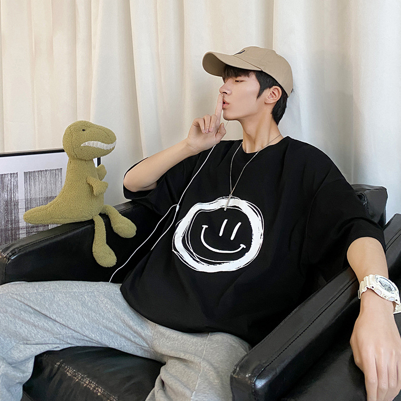 男装21夏新款韩版棉宽松型时尚印花薄款休闲情侣圆领五分袖T恤批