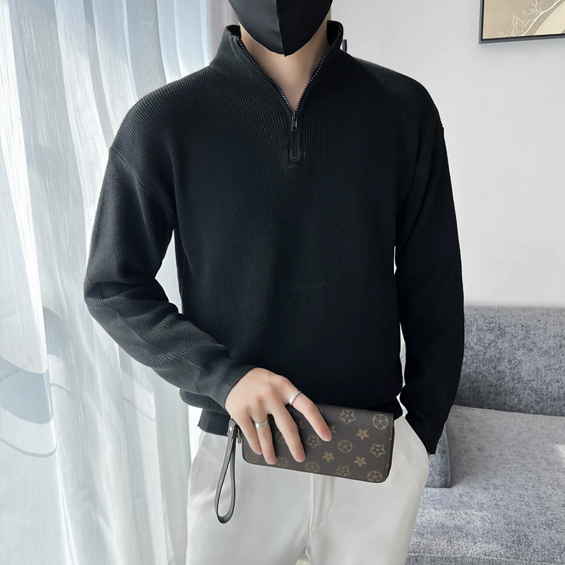 Свитер со стоячим воротником, Мужской осенне-зимний модный мужской свитер высокого класса, Базовая рубашка, однотонное пальто с половиной молнии, свитер