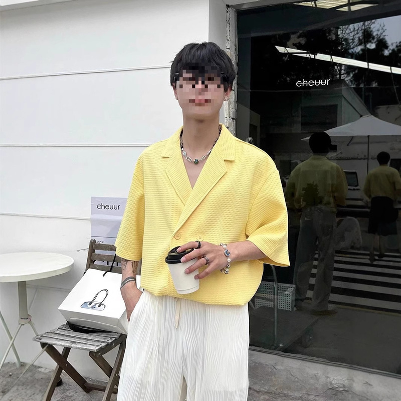 Summer Klein Blue Design Short-sleeved Shirt Men's Loose Waffle-style Cuban Collar Suit Trendy Shirt