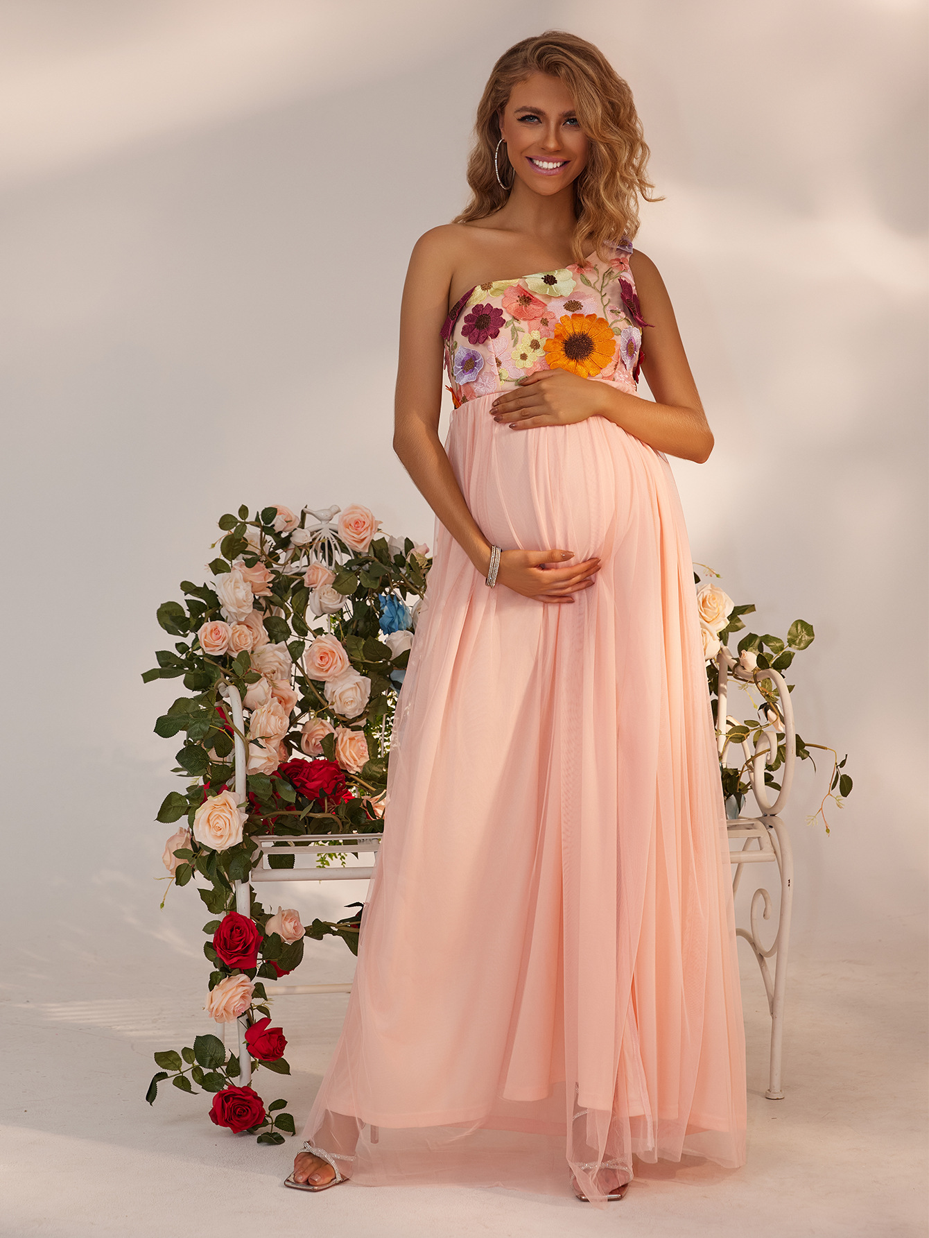 2026 Summer Women's Fashion New Sexy Flower Embroidery Single Shoulder Split Hem Maternity Evening Dress_ecoleips.com