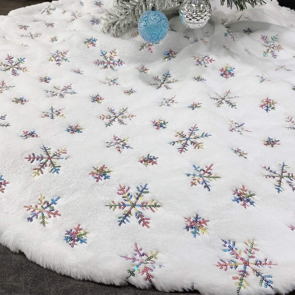 Falda para árbol de Navidad transfronteriza, falda para árbol de lentejuelas con copos de nieve nacarados, falda para árbol bordada de felpa blanca, decoración para árbol de Navidad