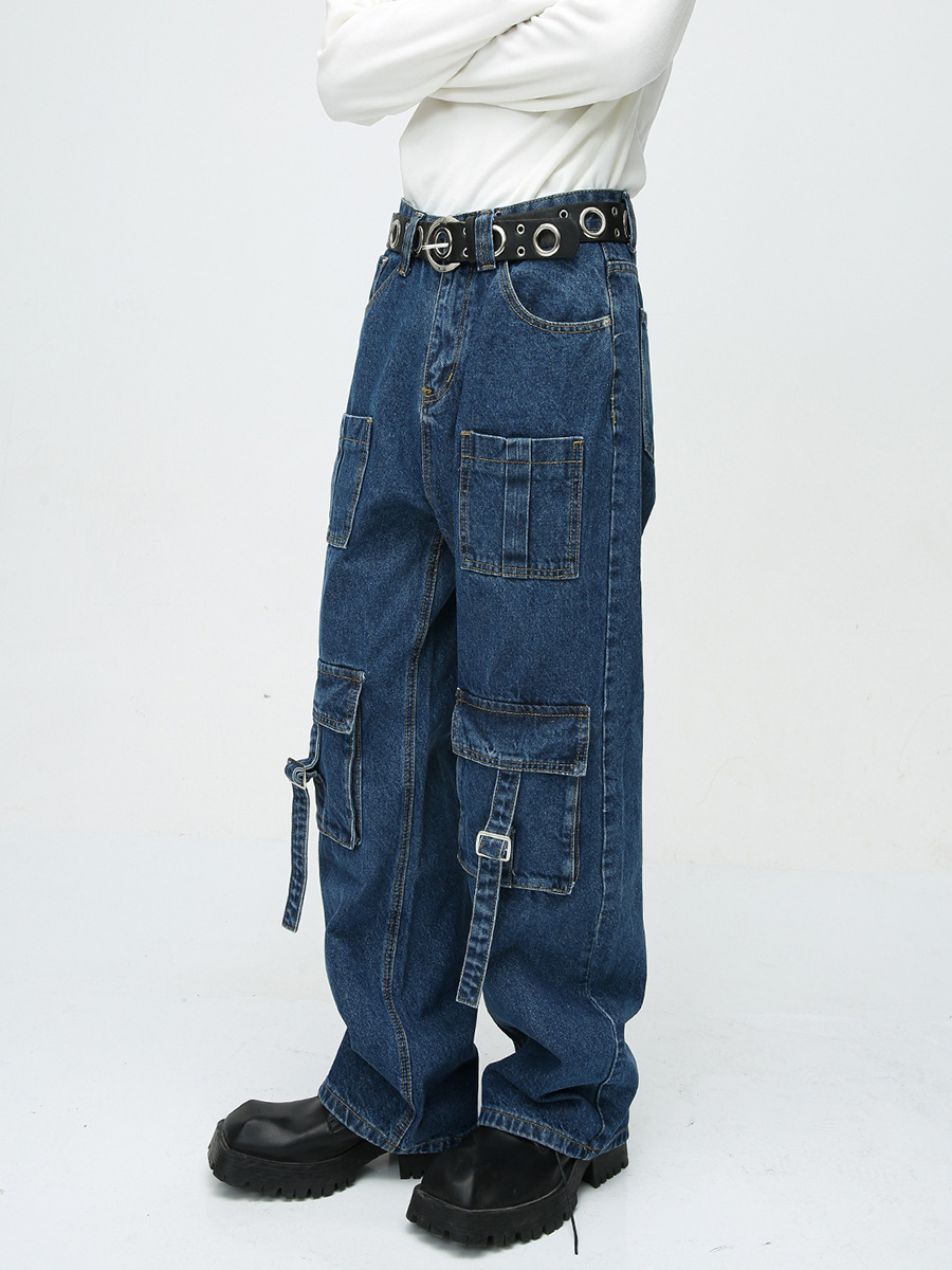 MTLClothes ropa de Hombre | 2023 otoño europeo y americano calle multi-Bolsillo costura Diseño ancho pierna ropa de trabajo jeans