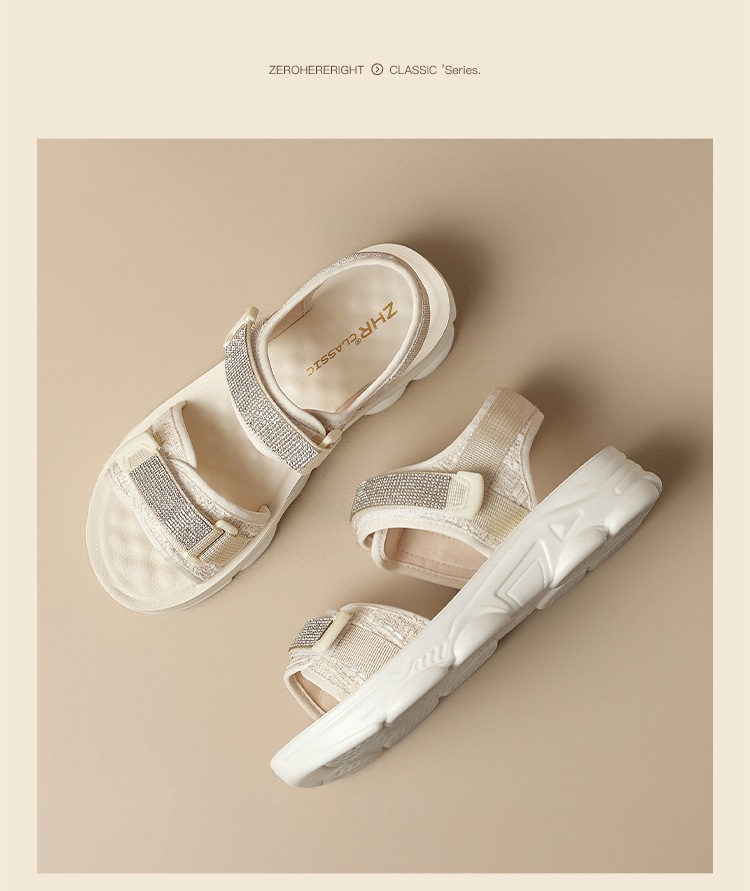 Sandal nữ đế dày quai dán đính đá phong cách thể thao — ES58 Màu be chi tiết 19