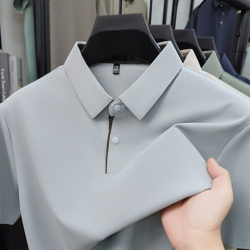 Men's T-Shirt Short-Sleeved Polo Shirt Ice Silk 2026 Seamless Waffle Contrast Color Short-Sleeved Lapel T-Shirt Half-Sleeved