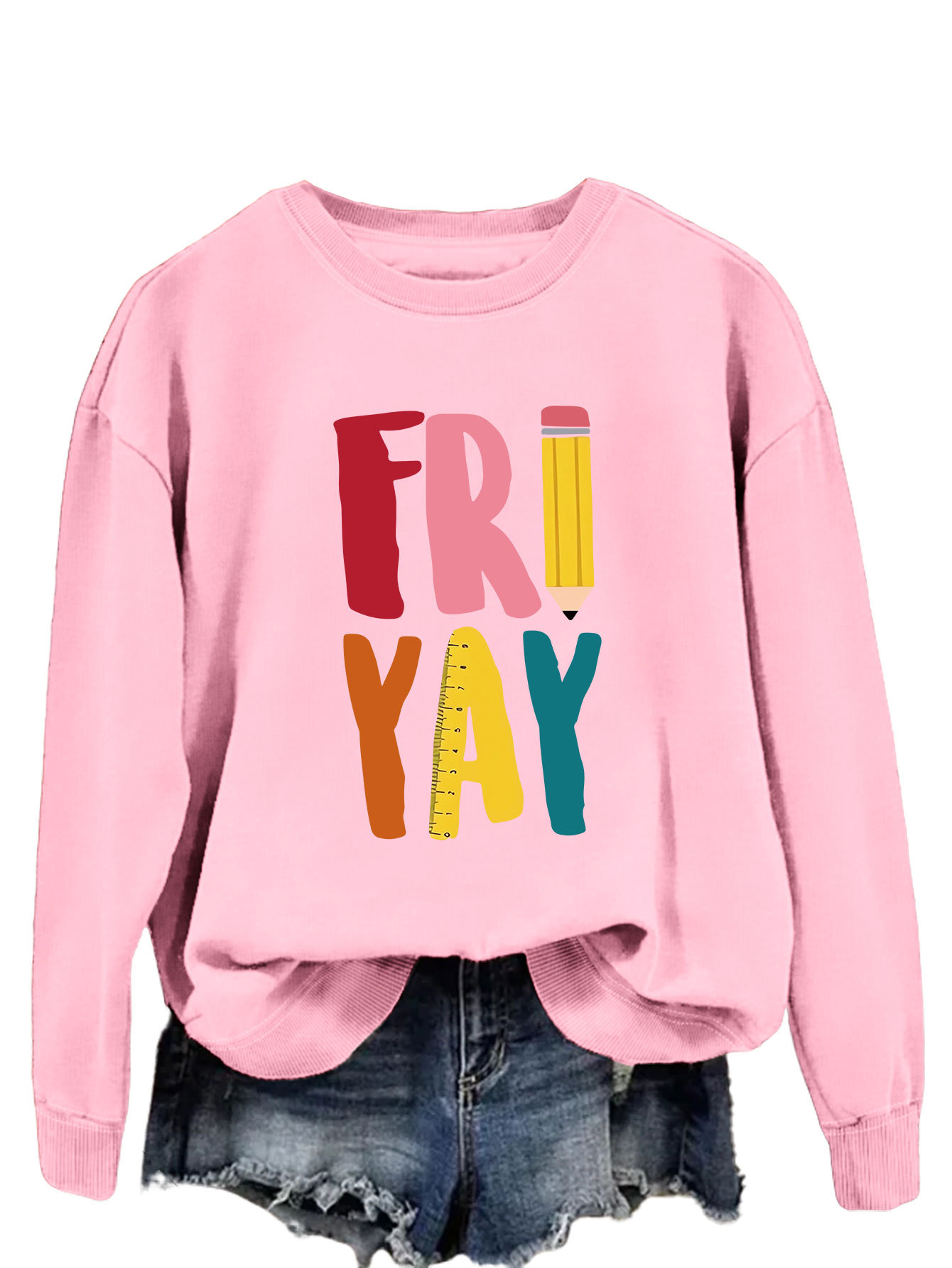 Estación independiente de moda Suelta todo fósforo superior FRI YAY lápiz divertido carta de impresión camisa de manga larga de las mujeres suéter