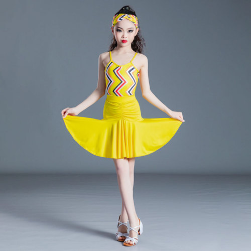 Yellow printed latin dance dress for girls kids acrobatics show employs the spring/summer sling Latin dance skirt girl