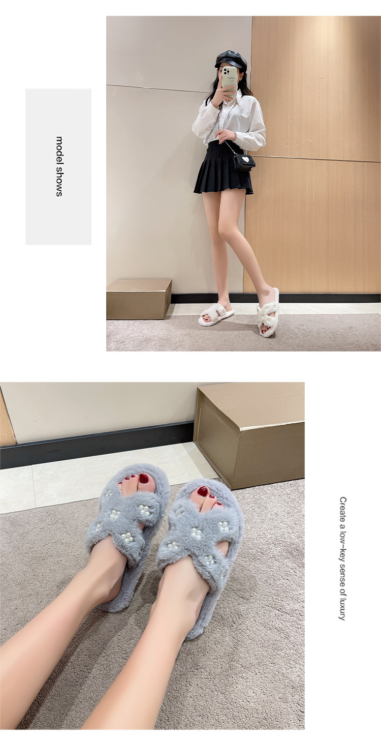 Neue pelzige Hausschuhe Damen einfache hohle Perle Wort Home Plüsch Schuhe Boden Großhandel Amazon_voghion.com