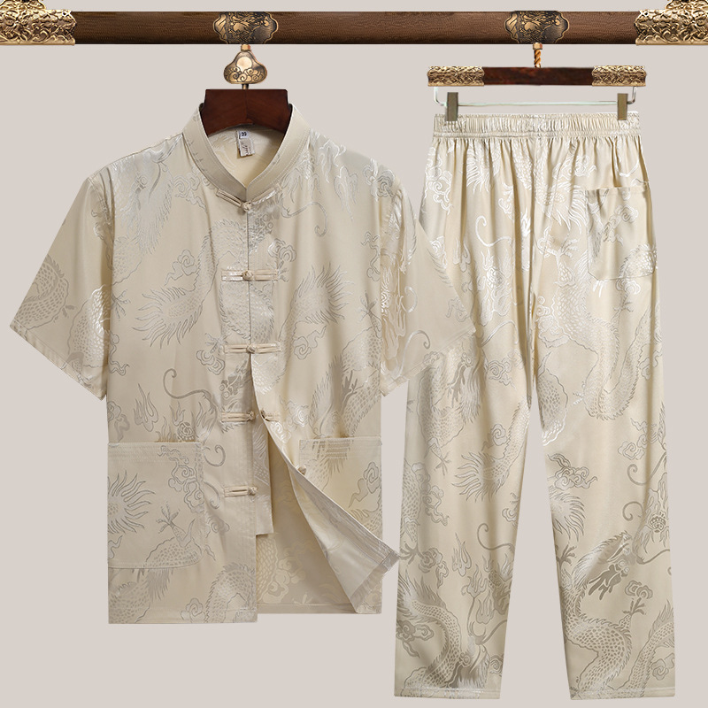 Middle-Aged and Elderly Men's Tang Suit Short-Sleeve Clothing, Ethnic Style Ice Silk Set, Dad's Summer Shirt, Chinese Style