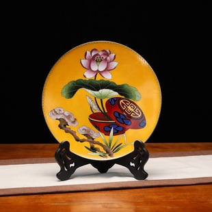 Beijing Cloisonné Antique Collectible Ornament Traditional Copper Base Cloisonné Enamel Polished 10inch Lotus Plate