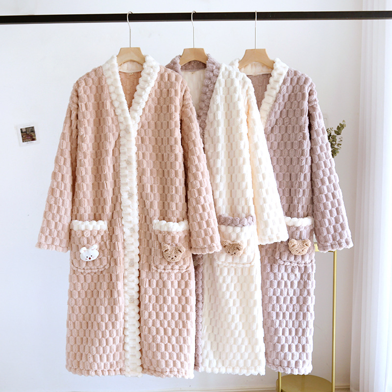 Flannel nightgown for women autumn and winter fleece-lined long sleeve Korean style coral fleece thickened warm bathrobe long bathrobe home wear