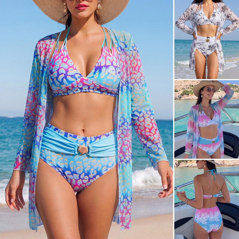 Cross-Border European and American New Style Gradient Leopard Print Split Swimsuit, Sexy Bikini Three-Piece Set with Cover-Up, Amazon